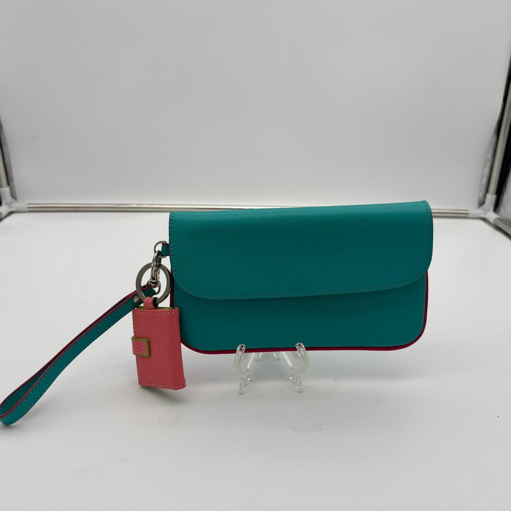 Baekgaard Teal Pink Pebbled Leather Wristlet Clutch with Mirror Charm Accessory